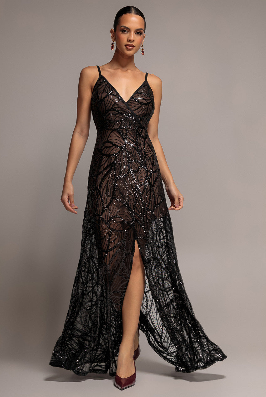 Goddiva Iridescent Sequin Maxi With Front Split - Black
