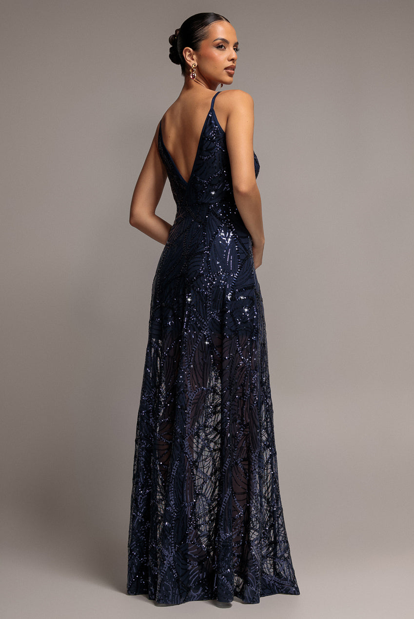 Goddiva Ornamental Patterned Iridescent Sequin Maxi With Front Split - Navy Blue