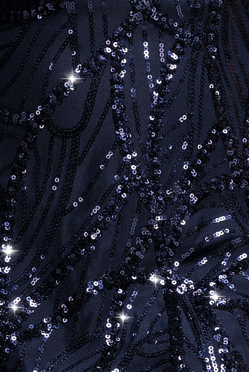 Goddiva Ornamental Patterned Iridescent Sequin Maxi With Front Split - Navy Blue