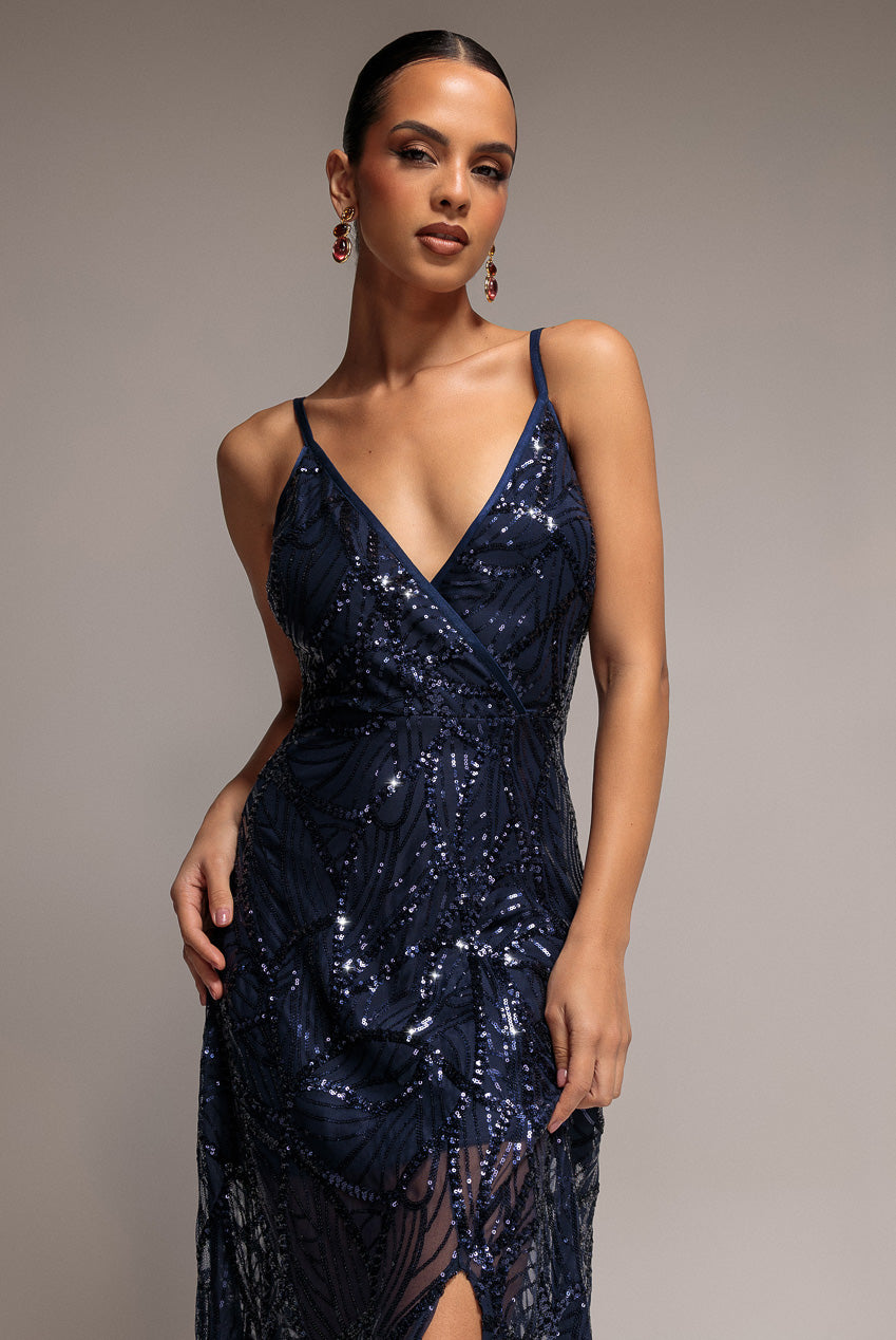 Goddiva Ornamental Patterned Iridescent Sequin Maxi With Front Split - Navy Blue