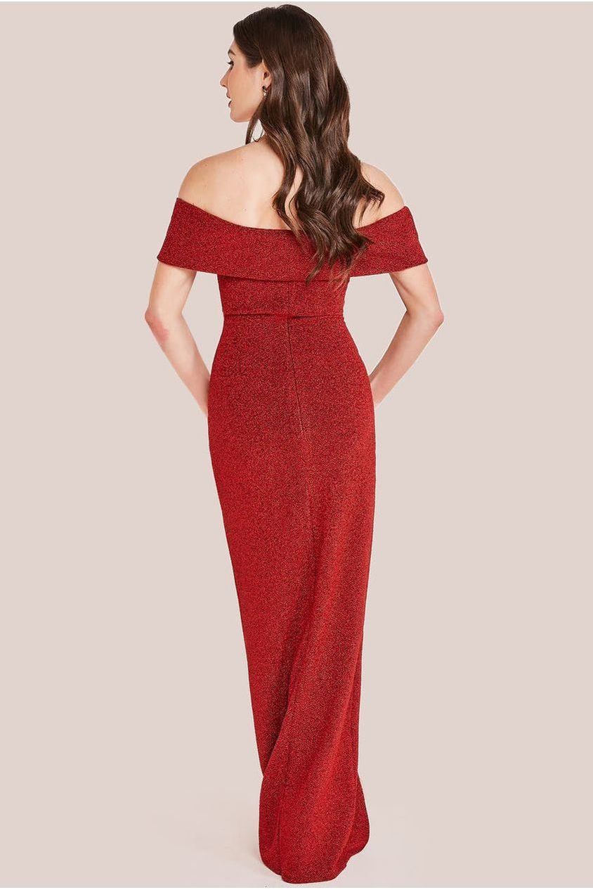 Goddiva Sparkle Bardot Maxi With Waterfall Ruffle - Red