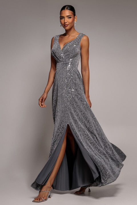 Goddiva Wrap Glitter Lurex Sleeveless Maxi Dress - Silver