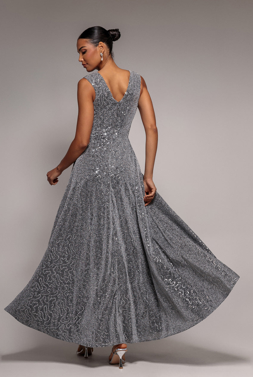 Goddiva Wrap Glitter Lurex Sleeveless Maxi Dress - Silver