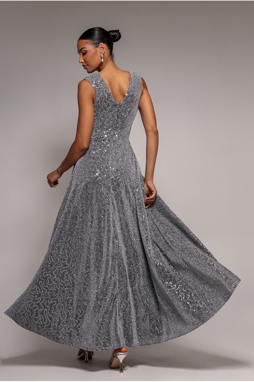 Goddiva Wrap Glitter Lurex Sleeveless Maxi Dress - Silver