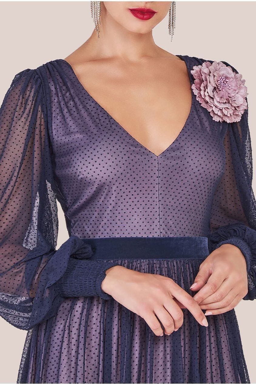 Goddiva Corsage V-Neck Dobby Mesh Maxi - Blue