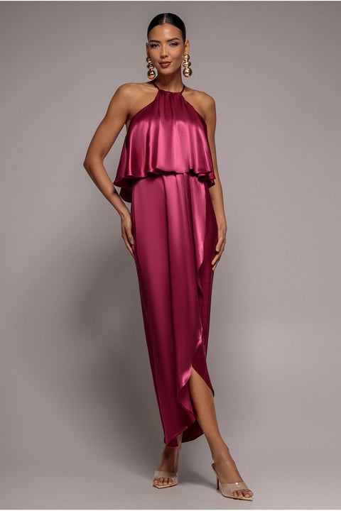 Goddiva Satin Viscose Front Wrap Midaxi Dress - Burgundy