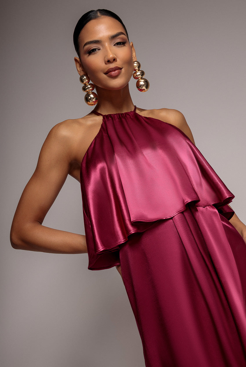 Goddiva Satin Viscose Front Wrap Midaxi Dress - Burgundy
