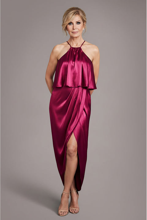 Goddiva Satin Viscose Front Wrap Midaxi Dress - Burgundy