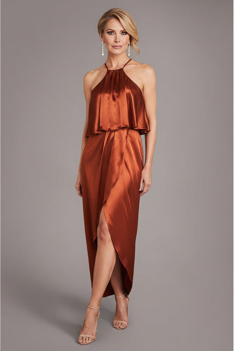 Goddiva Satin Viscose Front Wrap Midaxi Dress - Brown