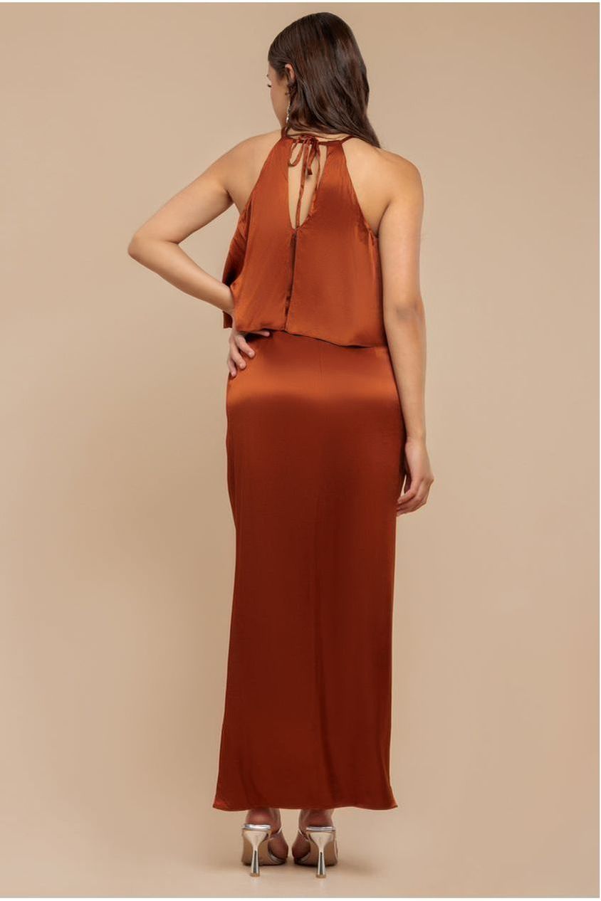 Goddiva Satin Viscose Front Wrap Midaxi Dress - Brown