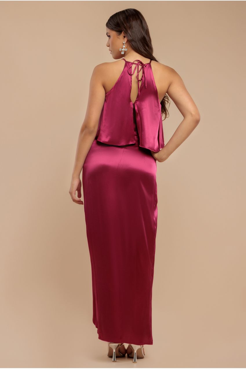 Goddiva Satin Viscose Front Wrap Midaxi Dress - Burgundy