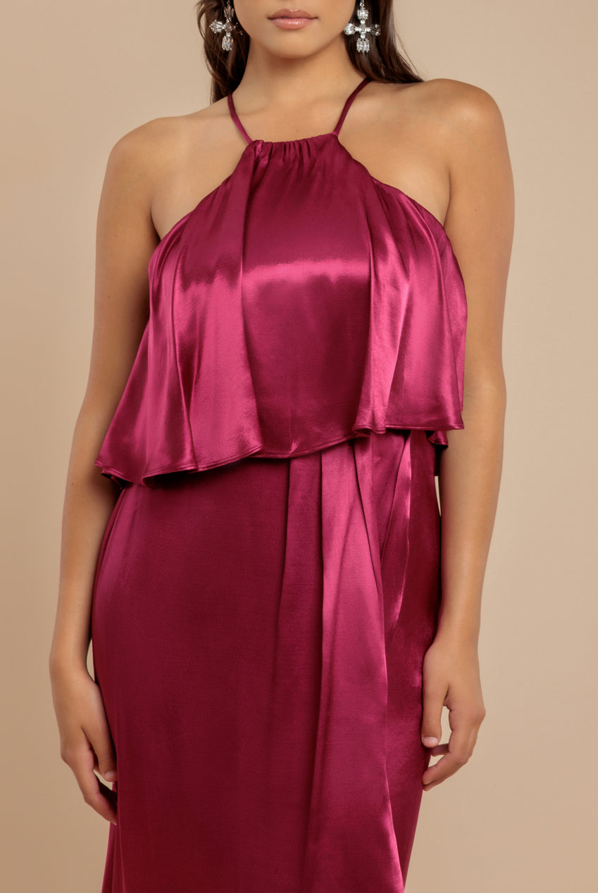 Goddiva Satin Viscose Front Wrap Midaxi Dress - Burgundy