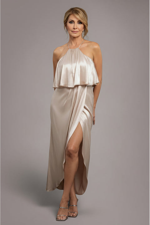 Goddiva Satin Viscose Front Wrap Midaxi Dress - Champagne