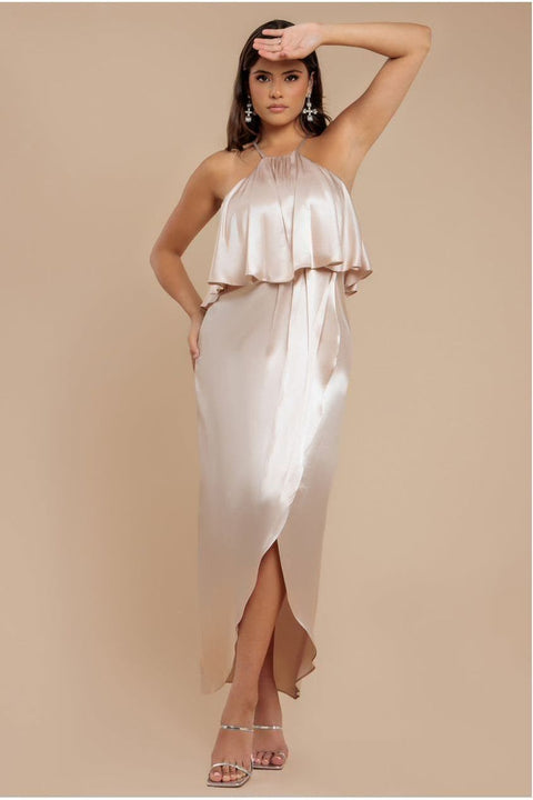 Goddiva Satin Viscose Front Wrap Midaxi Dress - Champagne