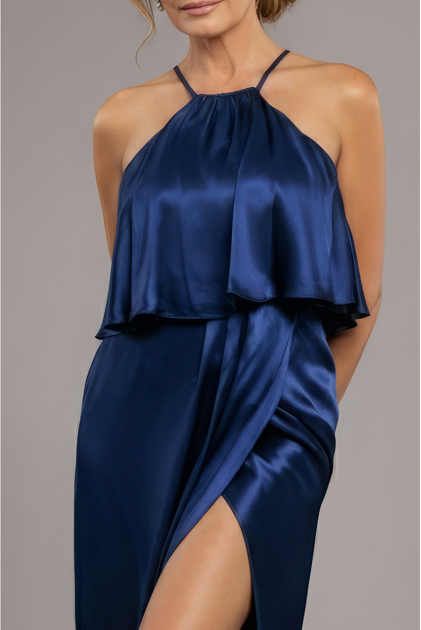 Goddiva Satin Viscose Front Wrap Midaxi Dress - Navy Blue