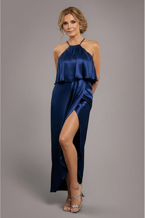Goddiva Satin Viscose Front Wrap Midaxi Dress - Navy Blue