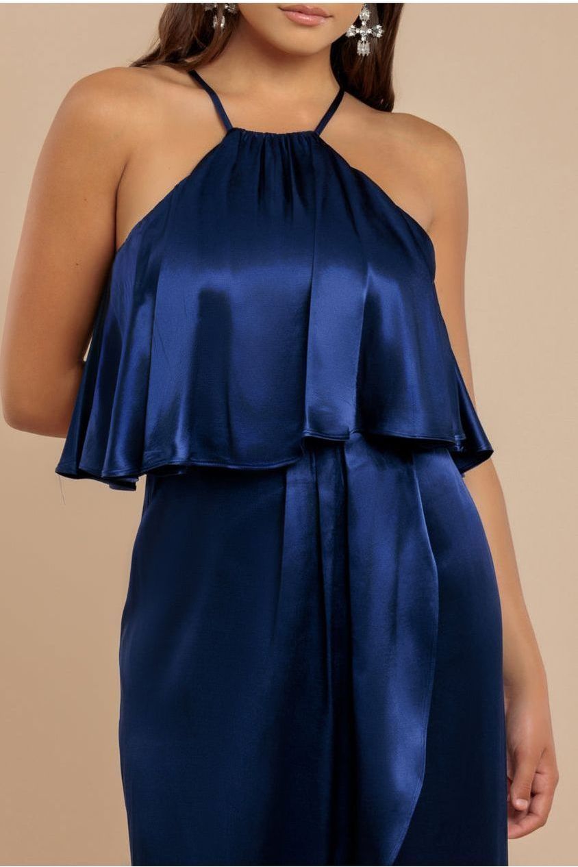 Goddiva Satin Viscose Front Wrap Midaxi Dress - Navy