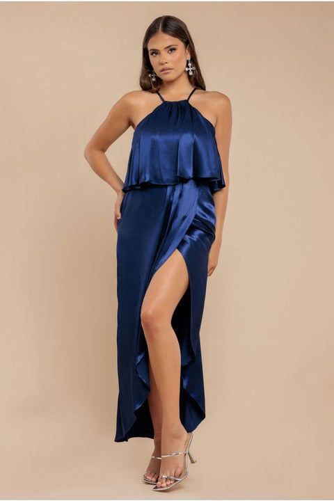 Goddiva Satin Viscose Front Wrap Midaxi Dress - Navy
