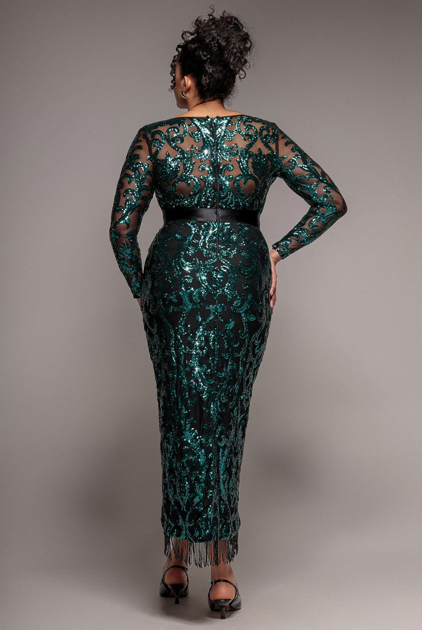 Goddiva Plus Tassel & Sequin Midaxi With Front Split - Emerald Green