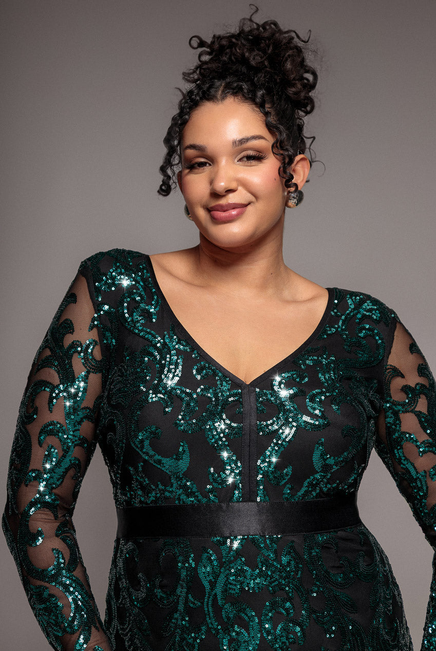 Goddiva Plus Tassel & Sequin Midaxi With Front Split - Emerald Green