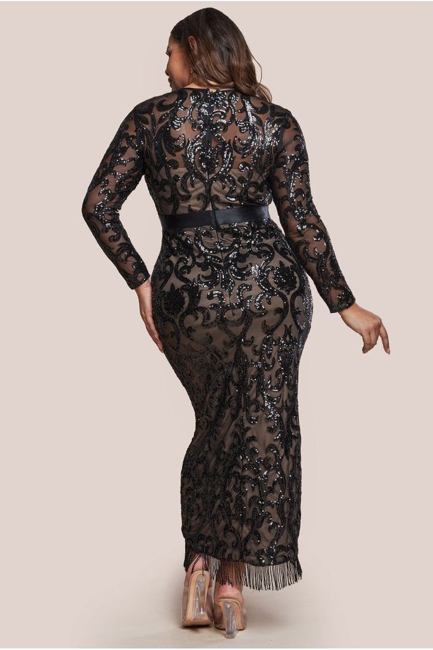 Goddiva Plus Tassel & Sequin Midaxi With Front Split - Black