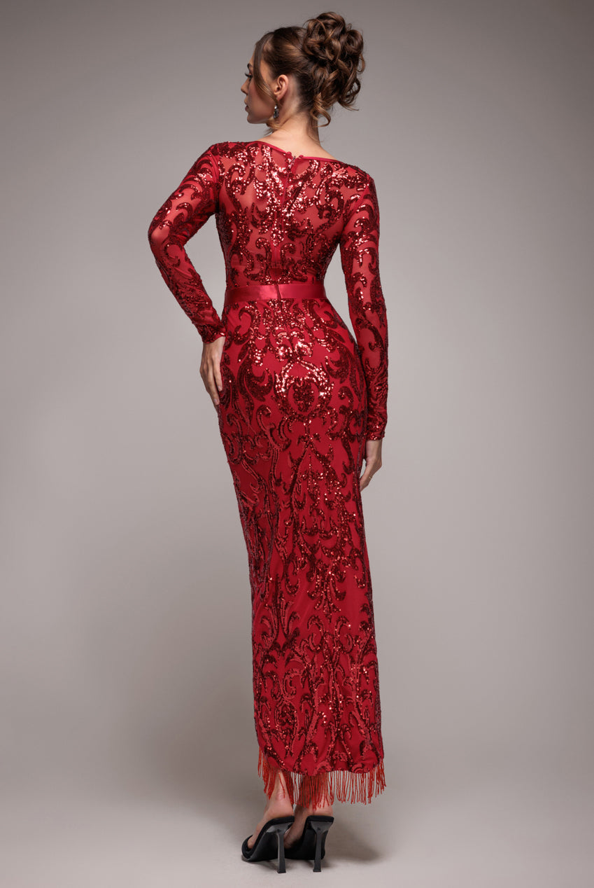 Goddiva Tassel & Sequin Midaxi With Front Split - Red