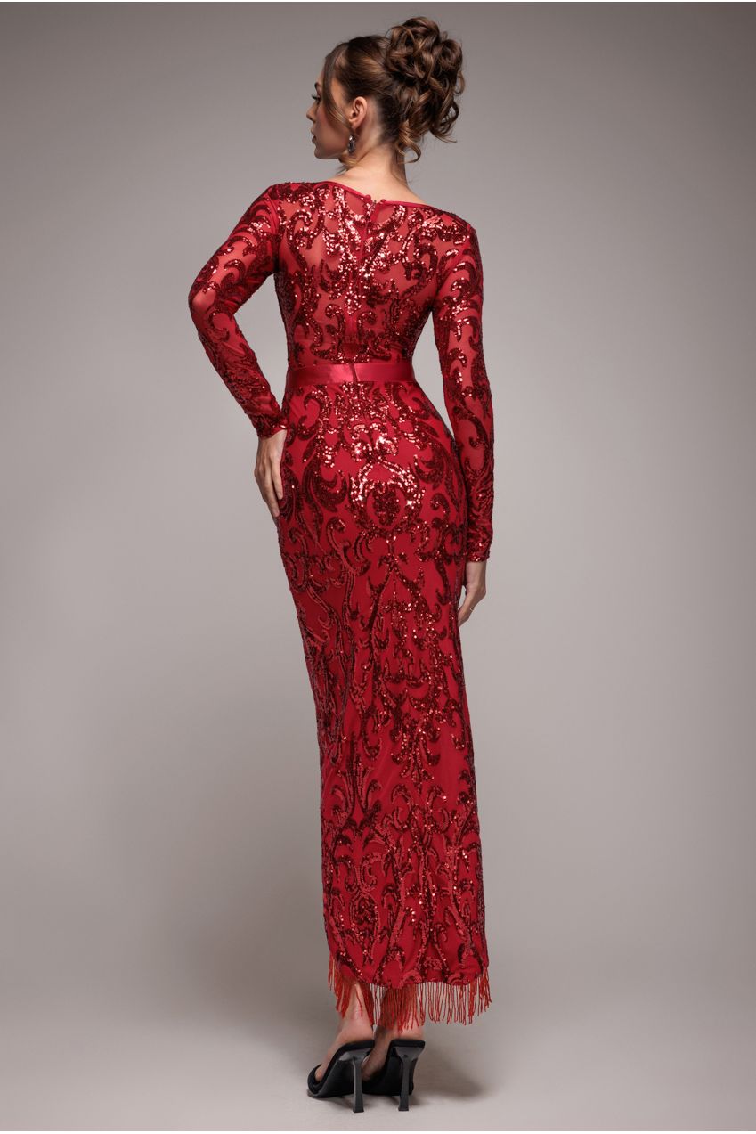 Goddiva Tassel & Sequin Midaxi With Front Split - Red