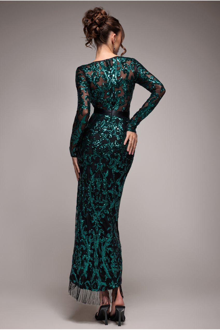Goddiva Tassel & Sequin Midaxi With Front Split - Emerald Green