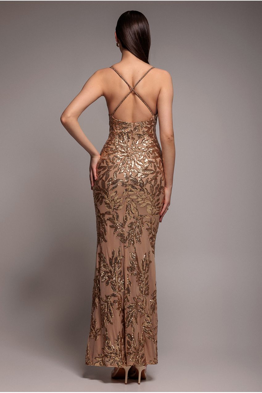 Goddiva Cross Back Diamante Strap Sequin Maxi - Gold