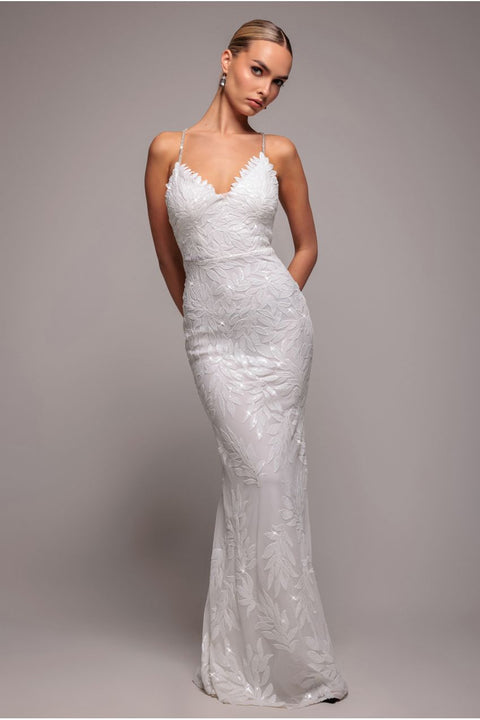 Goddiva Cross Back Diamante Strap Sequin Maxi - White