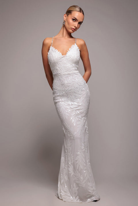 Goddiva Cross Back Diamante Strap Sequin Maxi - White