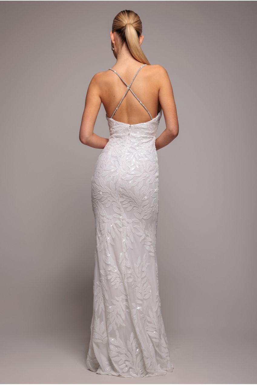 Goddiva Cross Back Diamante Strap Sequin Maxi - White
