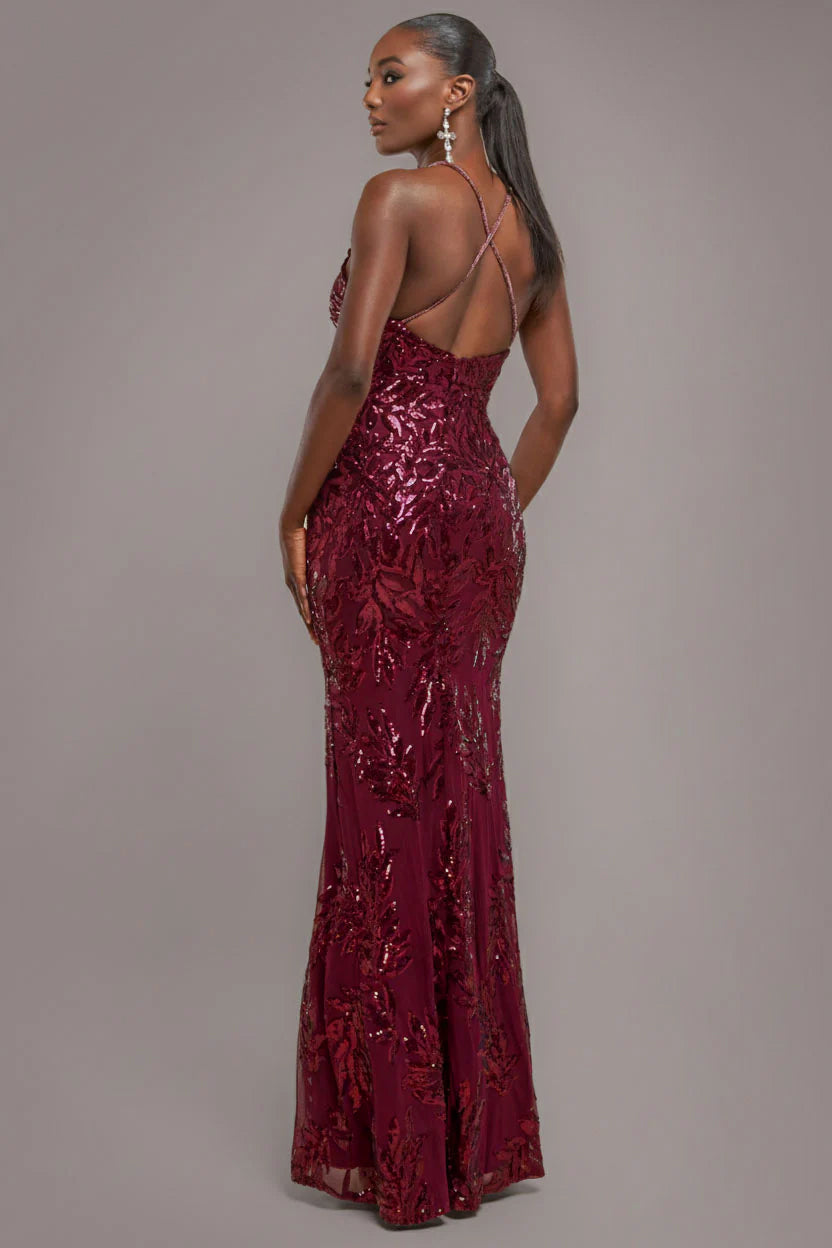 Goddiva Cross Back Diamante Strap Sequin Maxi - Burgundy