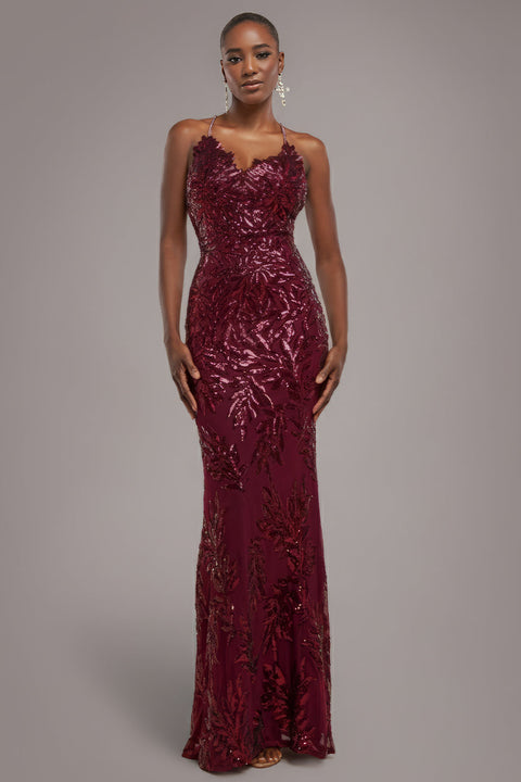 Goddiva Cross Back Diamante Strap Sequin Maxi - Burgundy