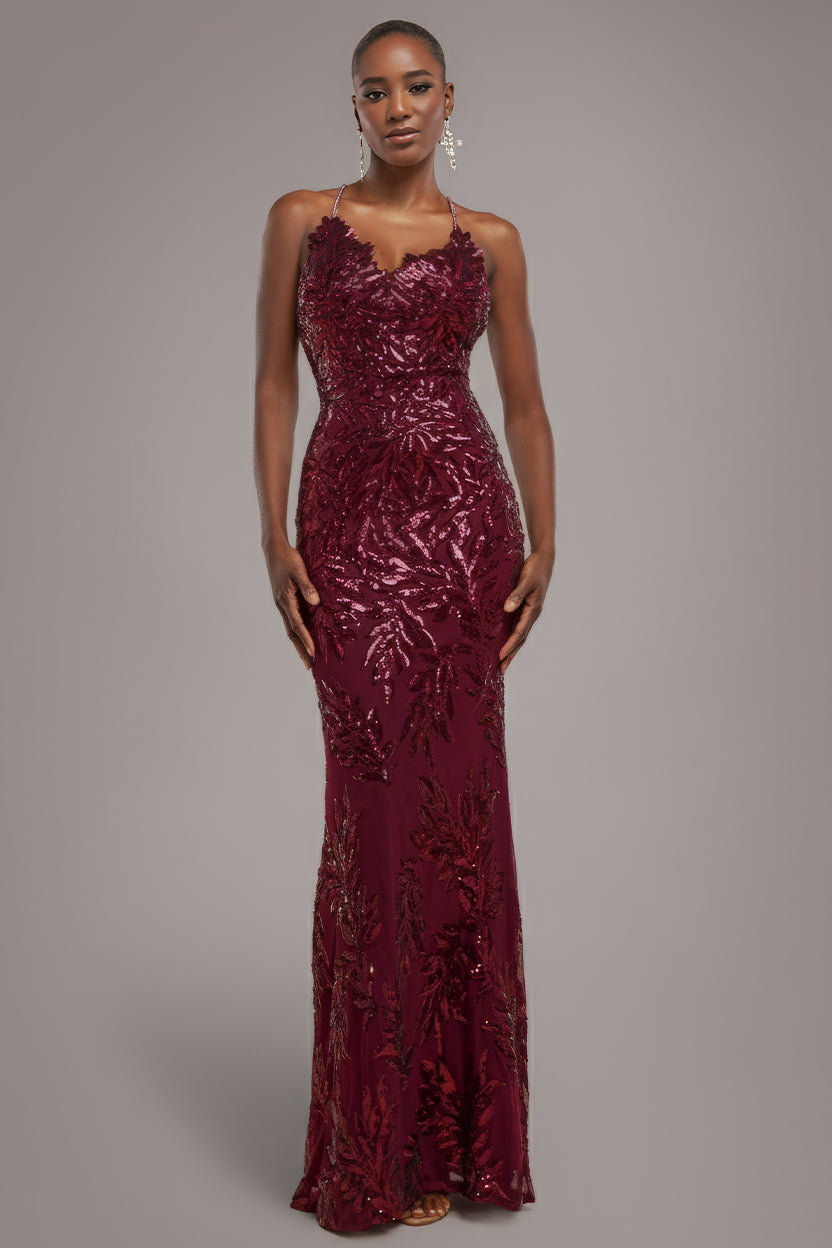 Goddiva Cross Back Diamante Strap Sequin Maxi - Burgundy