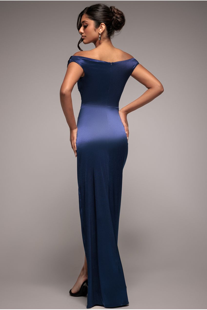 Goddiva Cowl Bardot Satin Twill Maxi Dress - Navy