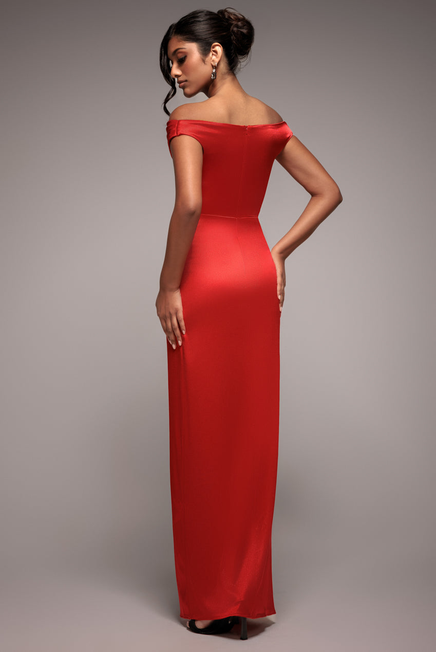 Goddiva Cowl Bardot Satin Twill Maxi Dress - Red
