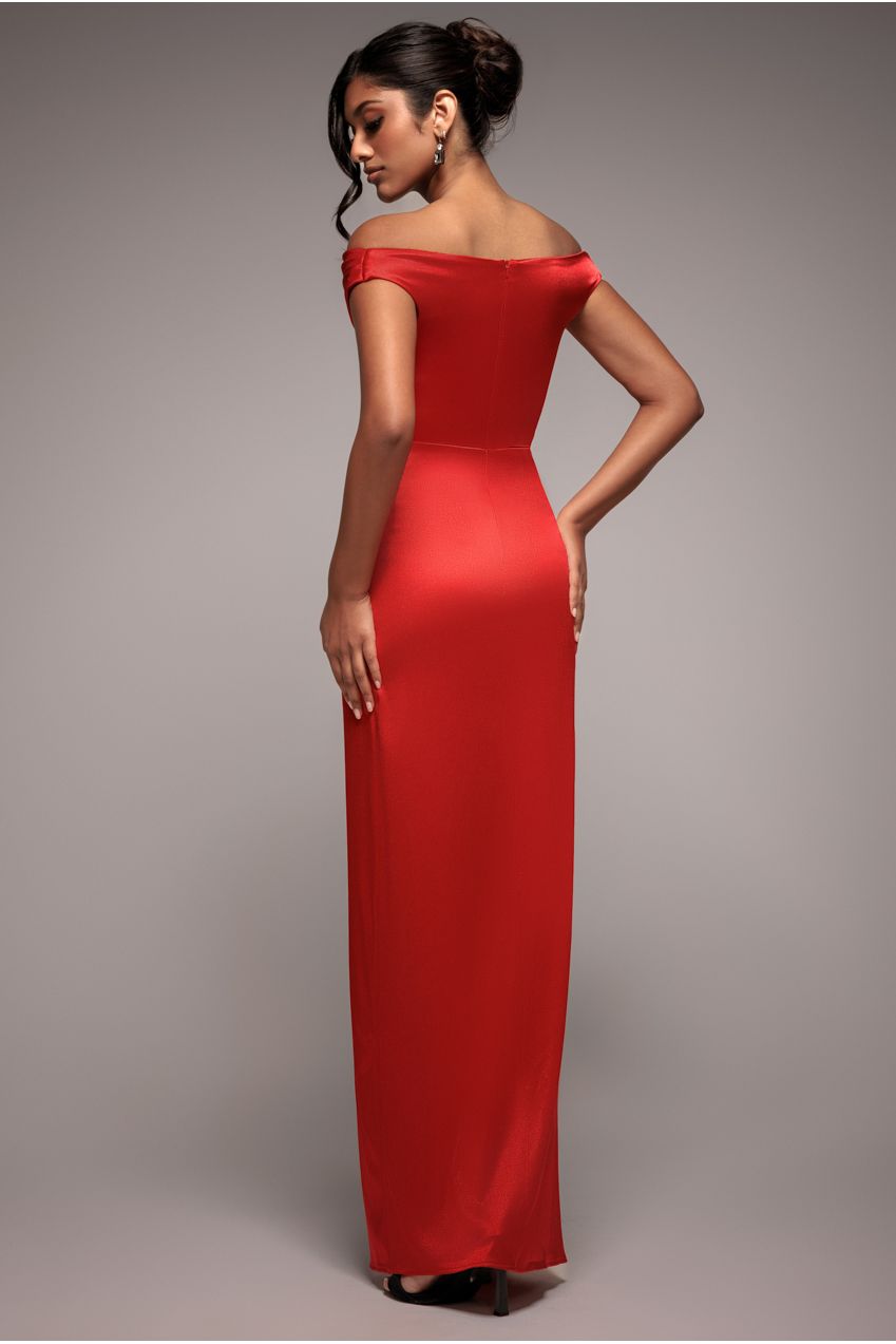 Goddiva Cowl Bardot Satin Twill Maxi Dress - Red