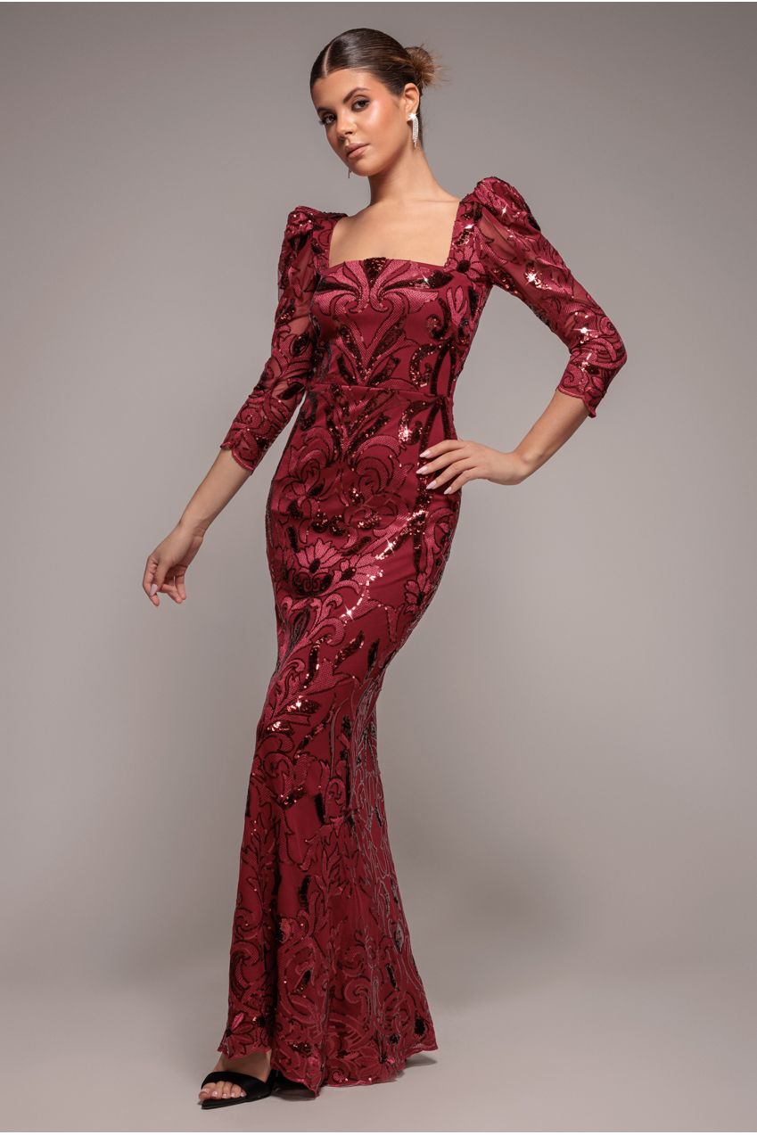 Goddiva Square Neck Scalloped Lace Maxi - Wine