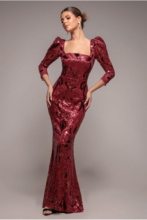 Goddiva Square Neck Scalloped Lace Maxi - Wine