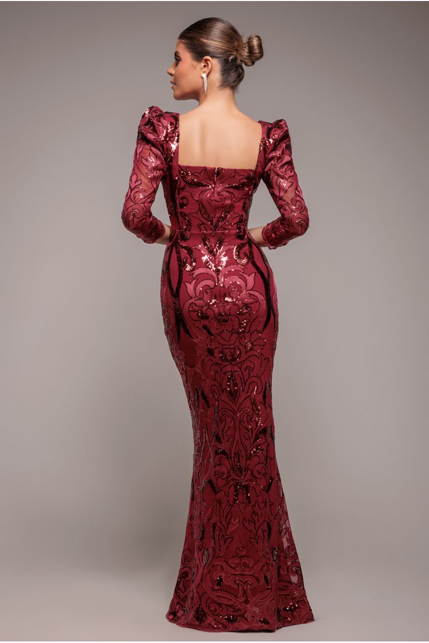 Goddiva Square Neck Scalloped Lace Maxi - Wine