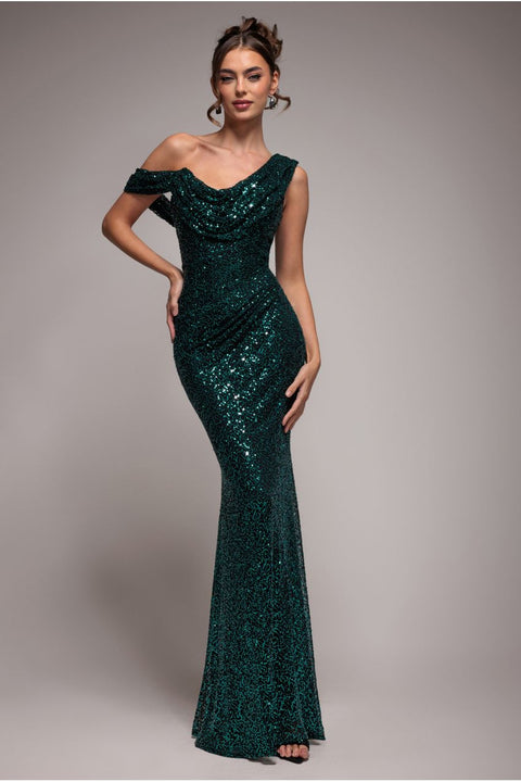 Goddiva Sequin Cowl One Shoulder Maxi Dress - Emerald Green