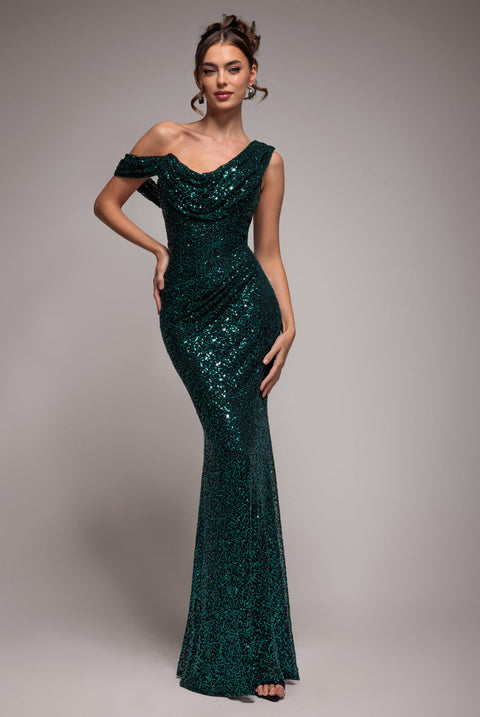 Goddiva Sequin Cowl One Shoulder Maxi Dress - Emerald Green