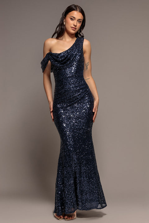 Goddiva Sequin Cowl One Shoulder Maxi Dress - Navy Blue