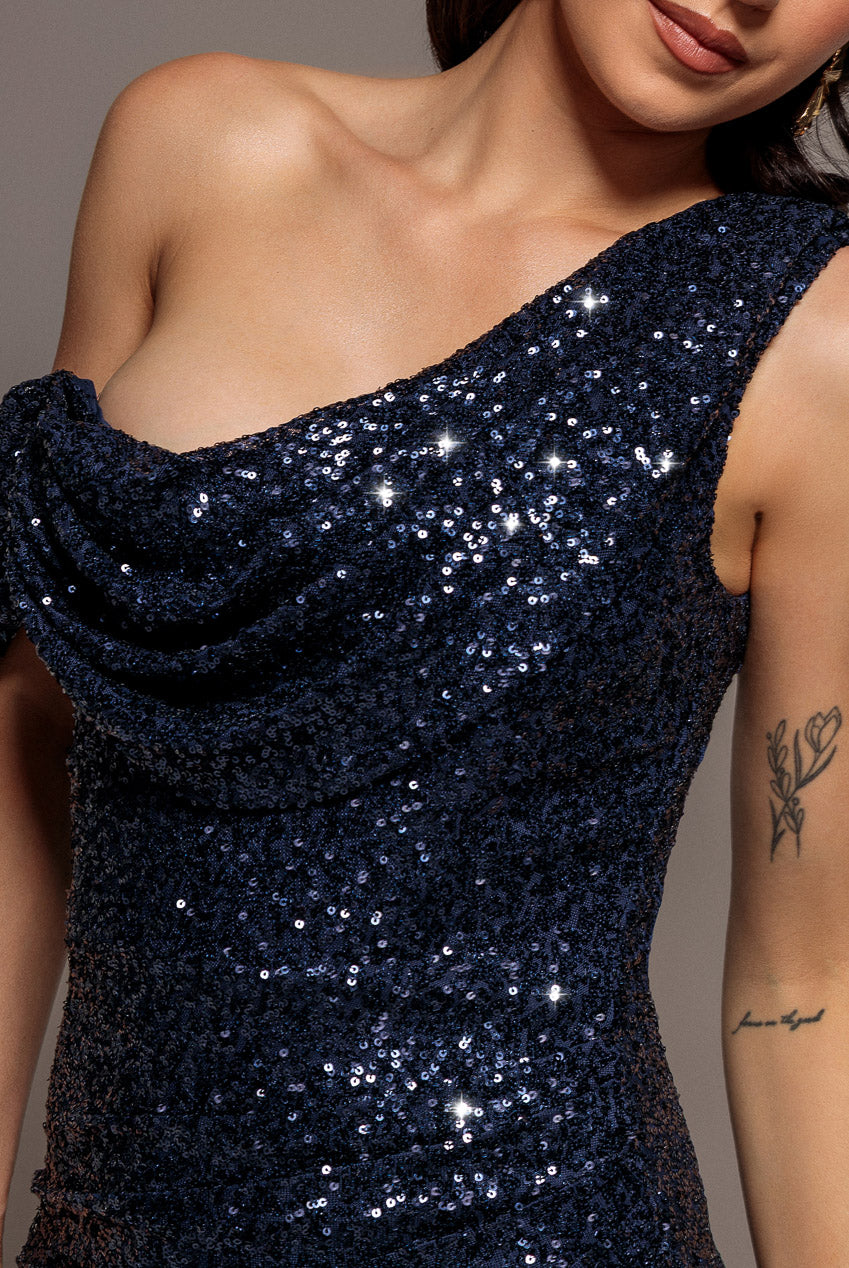 Goddiva Sequin Cowl One Shoulder Maxi Dress - Navy Blue