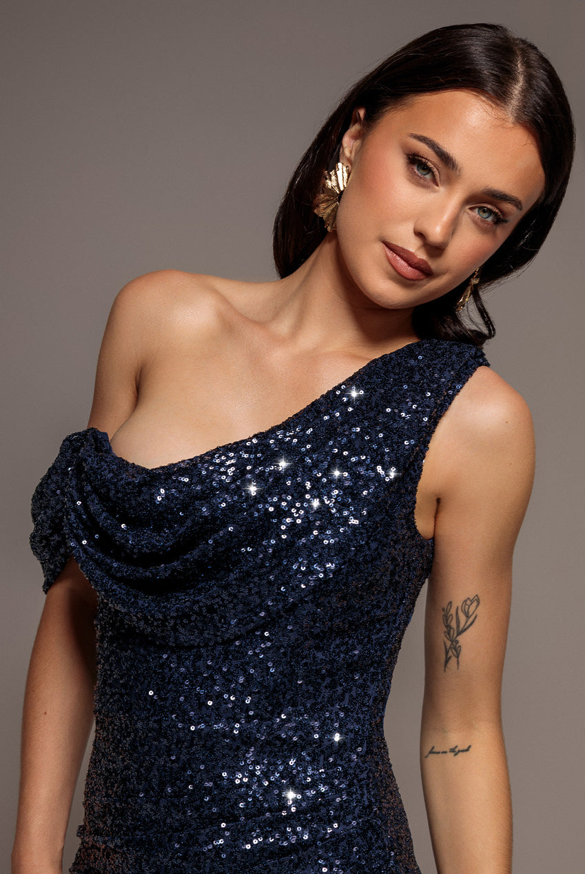 Goddiva Sequin Cowl One Shoulder Maxi Dress - Navy Blue