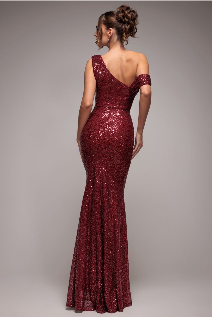 Goddiva Sequin Cowl One Shoulder Maxi Dress - Wine