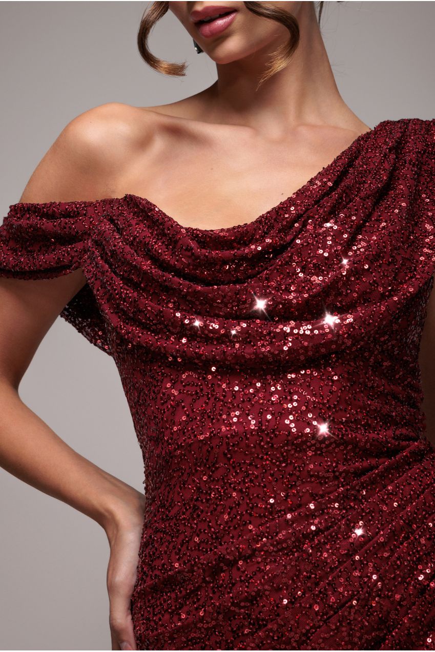 Goddiva Sequin Cowl One Shoulder Maxi Dress - Wine