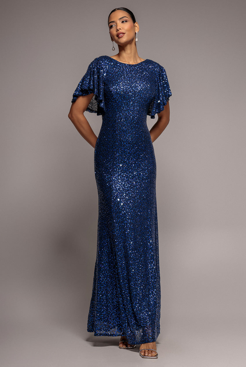 Goddiva Sequin Flutter Sleeve Maxi - Navy