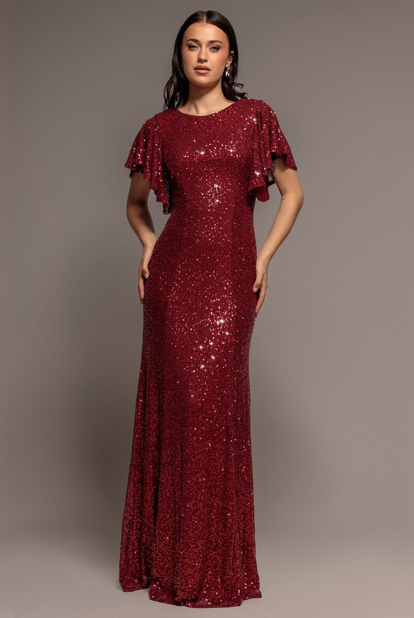 Goddiva Sequin Flutter Sleeve Maxi - Wine
